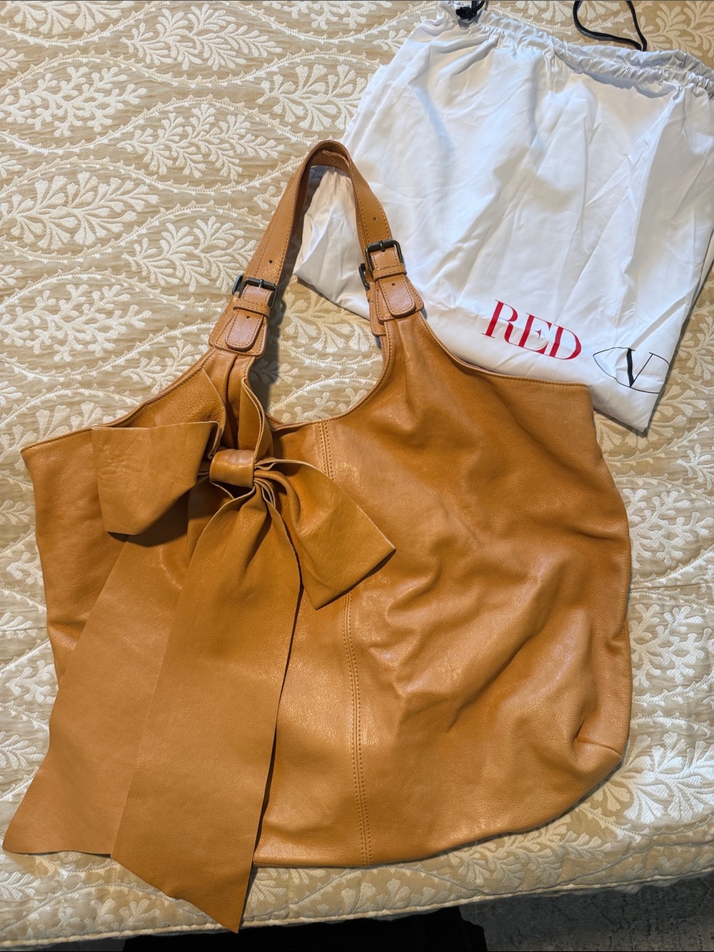 Vintage RED Valentino Camel Leather Garavani Tote w/ Signature Bow and dust bag